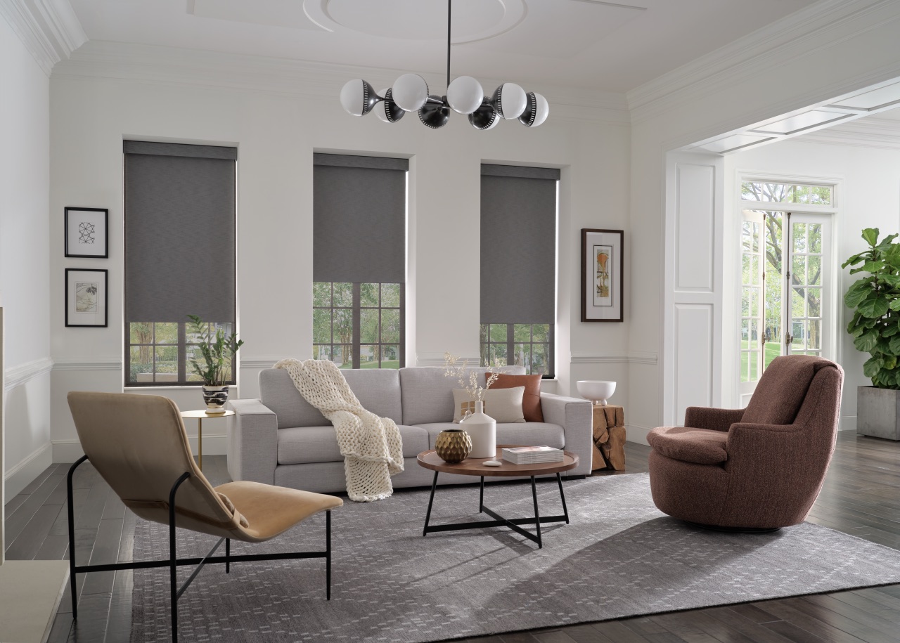Designer Roller Shades in a modern living room with soft gray roller fabric and filtered daylight
