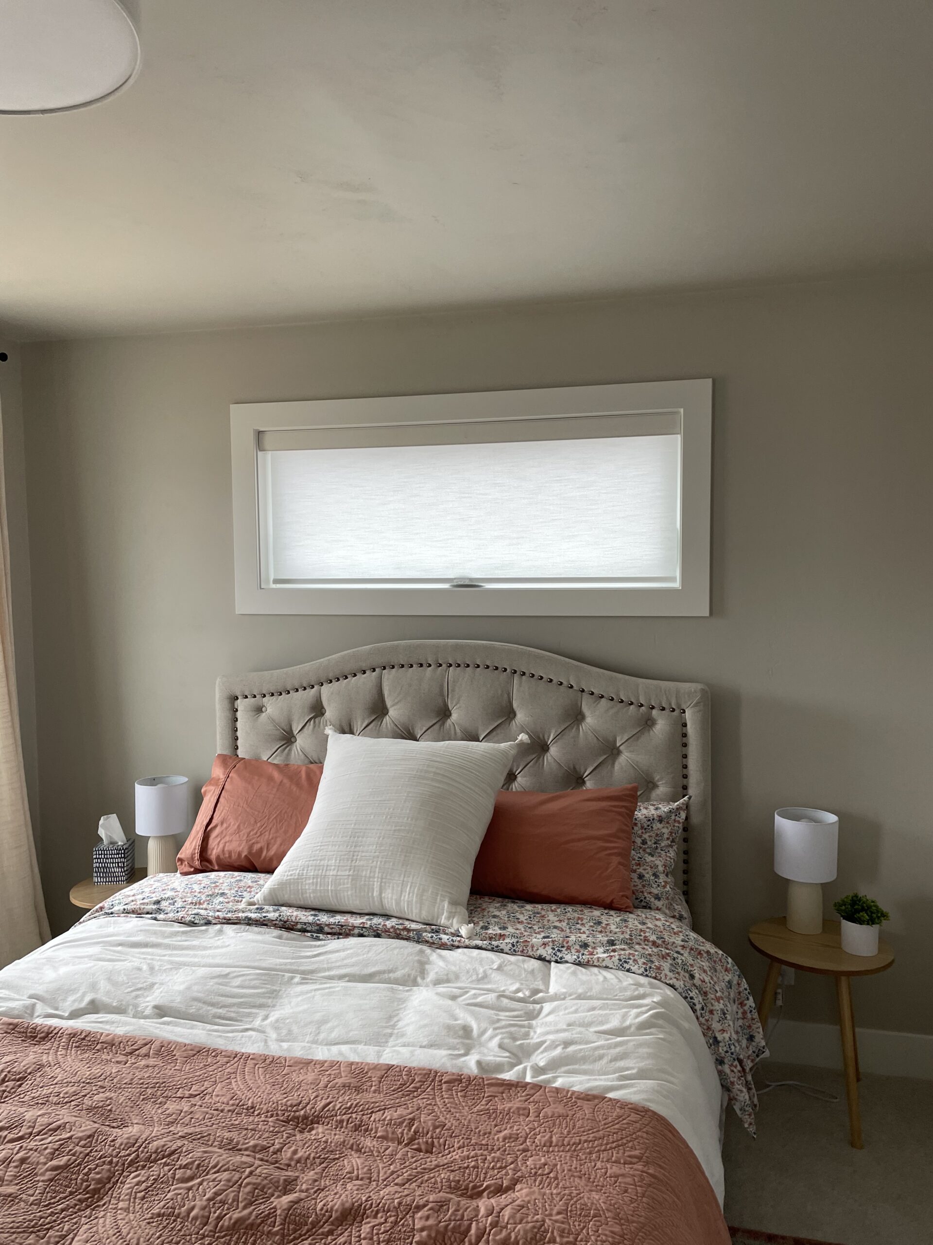 Finished residential window treatment with controlled daylight and privacy