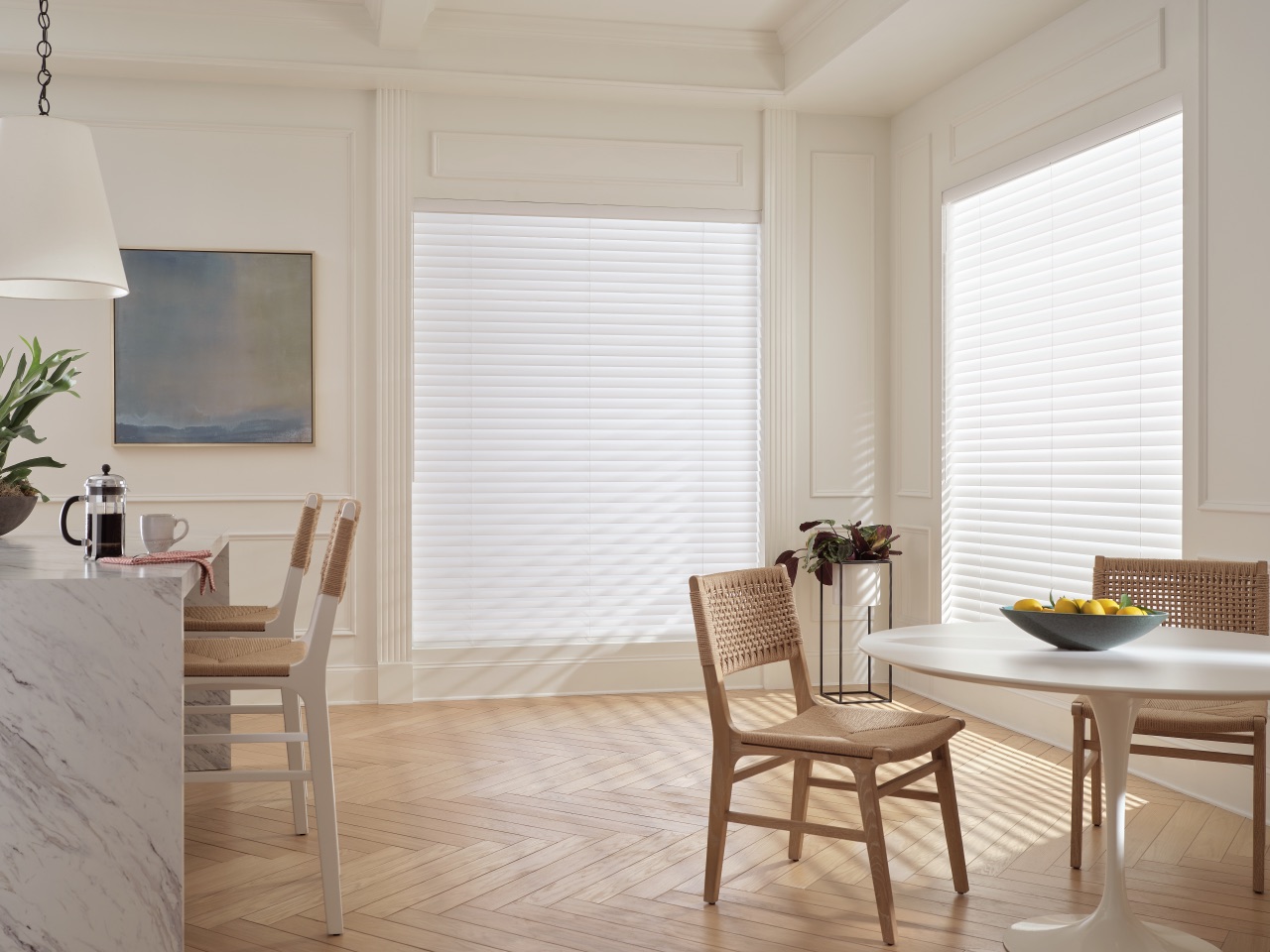 Aria Soft Blinds in a bright kitchen with softly filtered daylight and white fabric vanes