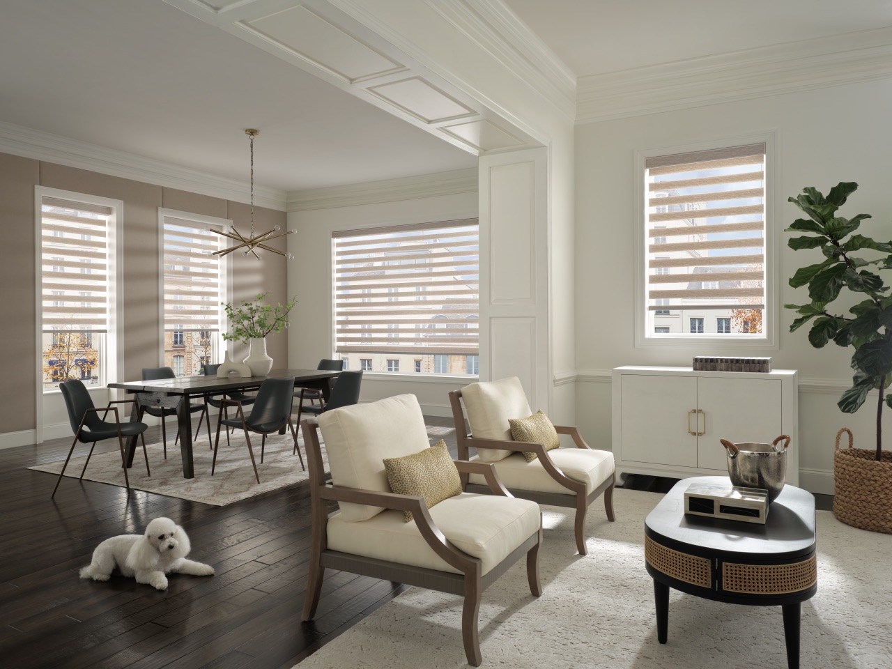 Designer Banded Shades in a bright dining and sitting room with layered sheer and solid bands