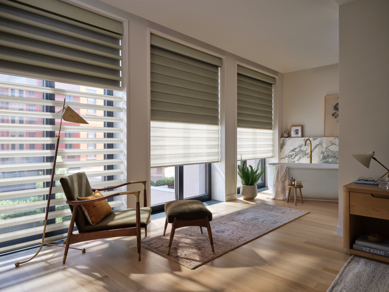 Pirouette® Window Shadings in a bright bathroom with softly contoured fabric vanes and filtered daylight