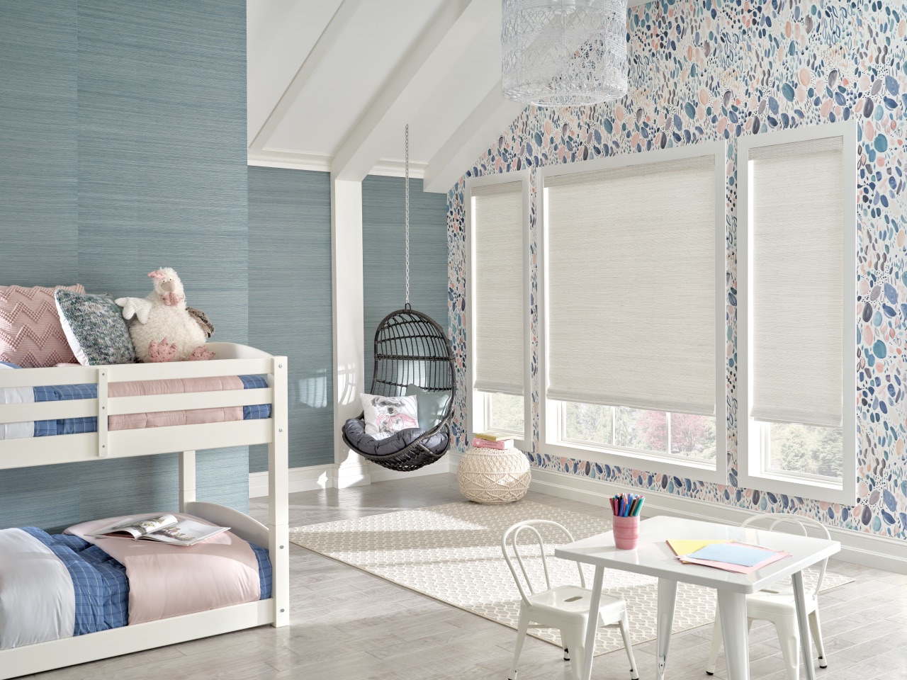 Provenance® Woven Wood Shades in a bright children's room with softly filtered daylight and layered natural texture