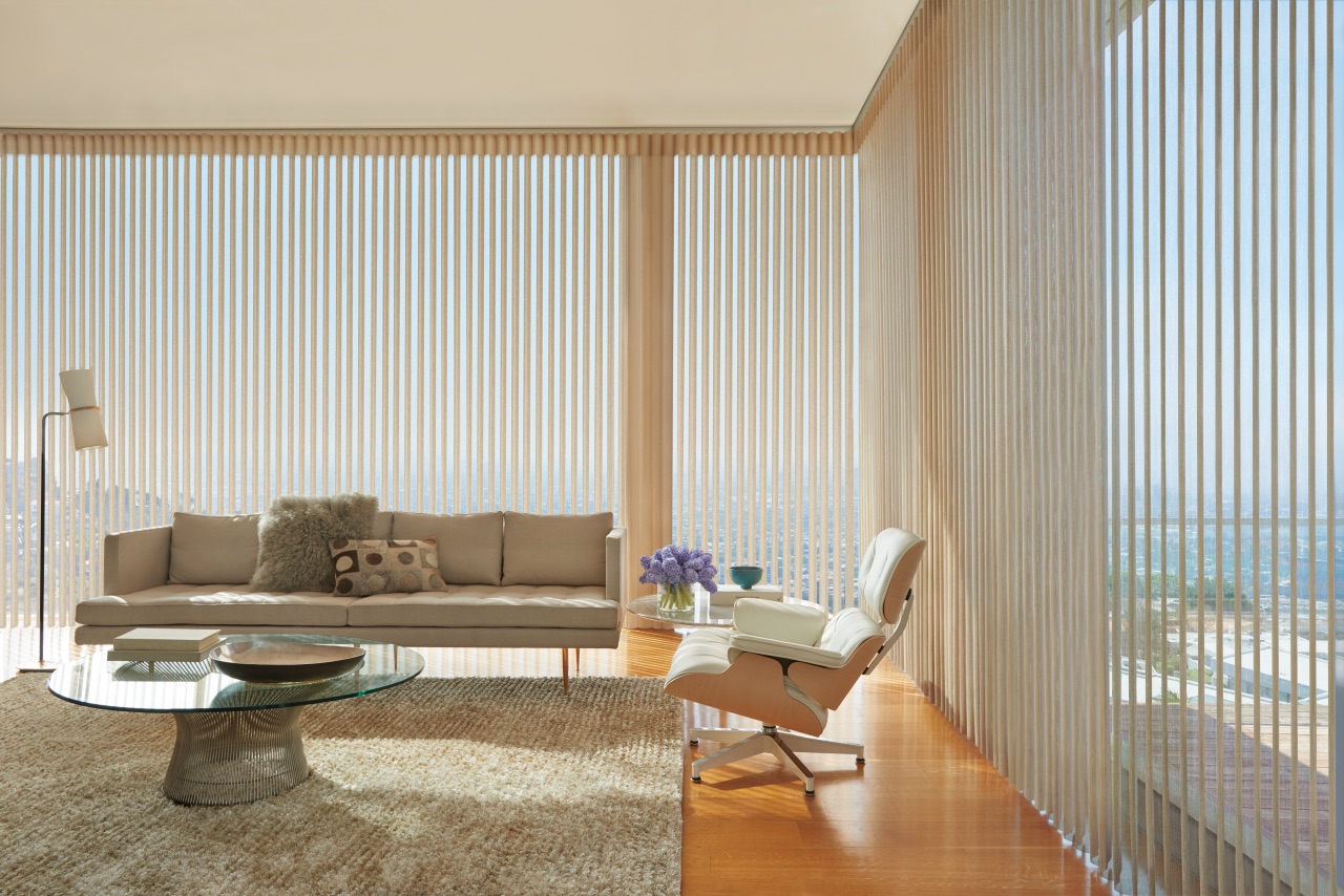 Luminette® Privacy Sheers spanning a wide opening with soft vertical fabric and filtered daylight in a calm residential setting