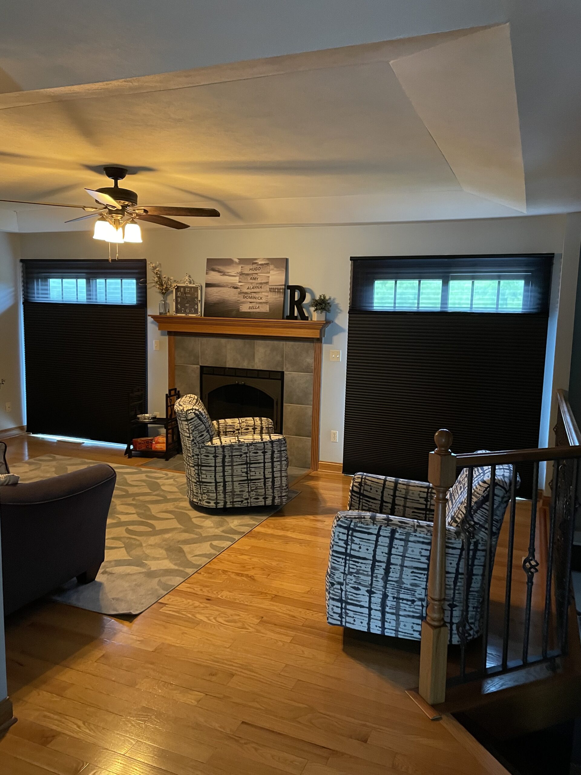 Installed custom window treatment with soft daylight entering the room