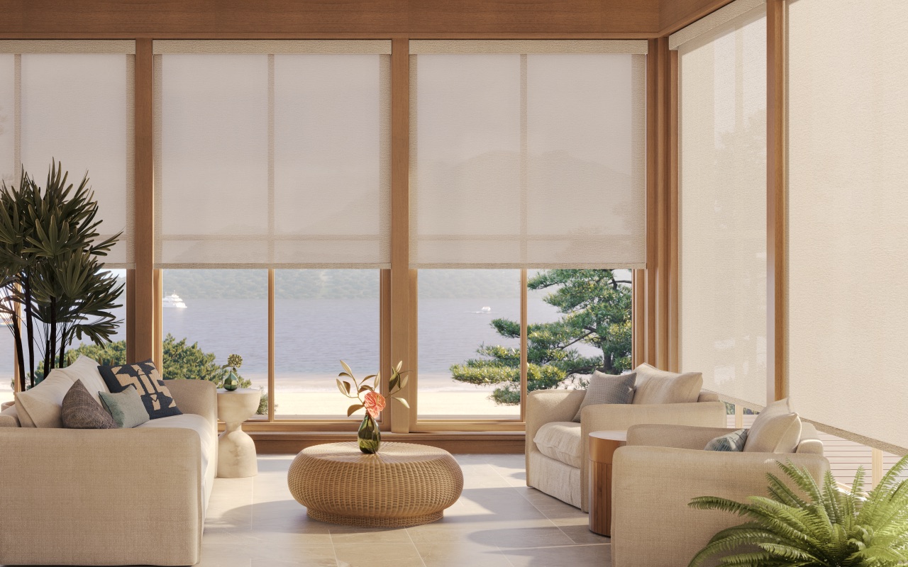 Designer Screen Shades in a bright room with filtered daylight and preserved outdoor views